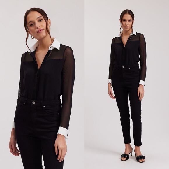 Anne Fontaine Sheryl Mesh Button Down Shirt Black White Size 6 EUC - Picture 1 of 9